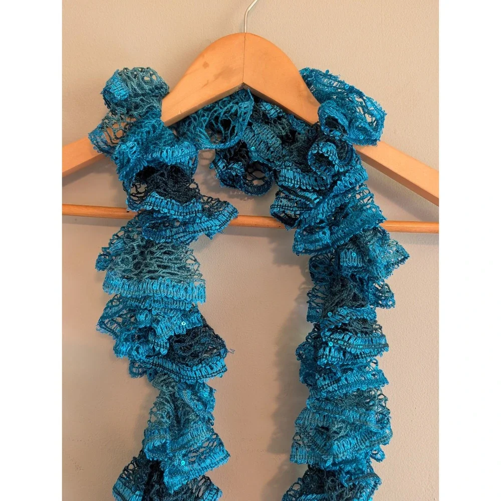 Vintage Y2K Teal Blue Ruffle Crochet Scarf Sequin Knit Curly Boho Accessory